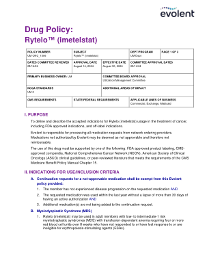 药物政策： - Rytelo™ (imetelstat)